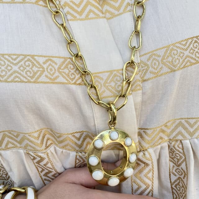 Open Oval Pendant with Double Sided Round Bone & 28" Connected Pear Shaped Links Necklace