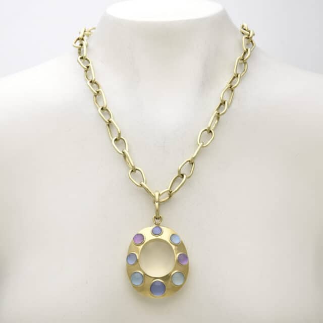 Open Oval Pendant with Double Sided Round Stones / Bone and Necklace
