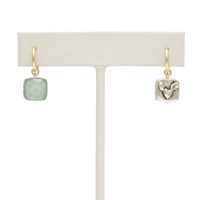 Silver Flying Heart Square Reversible Teal Stone Drop on Hoop Top