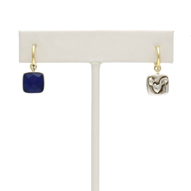 Silver Flying Heart Square Reversible Royal Blue Stone Drop on Hoop Top