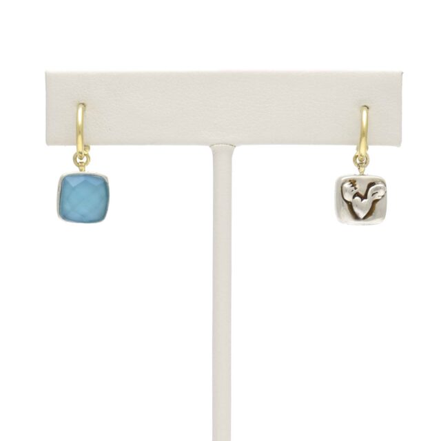 Silver Flying Heart Square Reversible Blue Stone Drop on Hoop Top