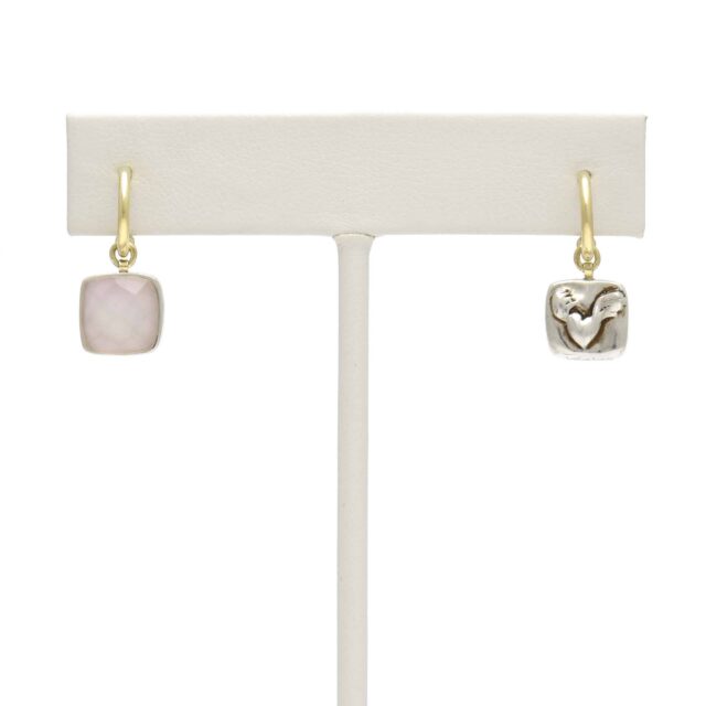 Silver Flying Heart Square Reversible Pink Stone Drop on Hoop Top