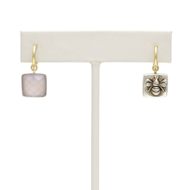 Silver Bee Square Reversible Light Pink Stone Drop on Hoop Top