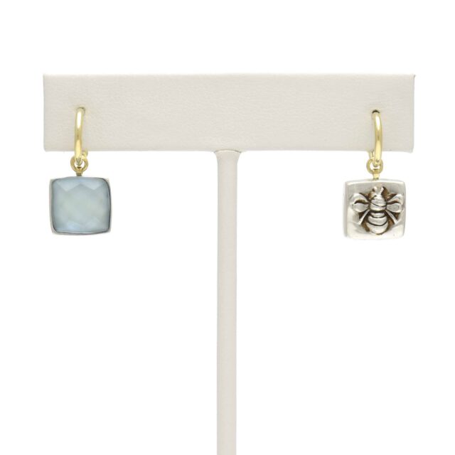 Silver Bee Square Reversible Light Blue Stone Drop on Hoop Top