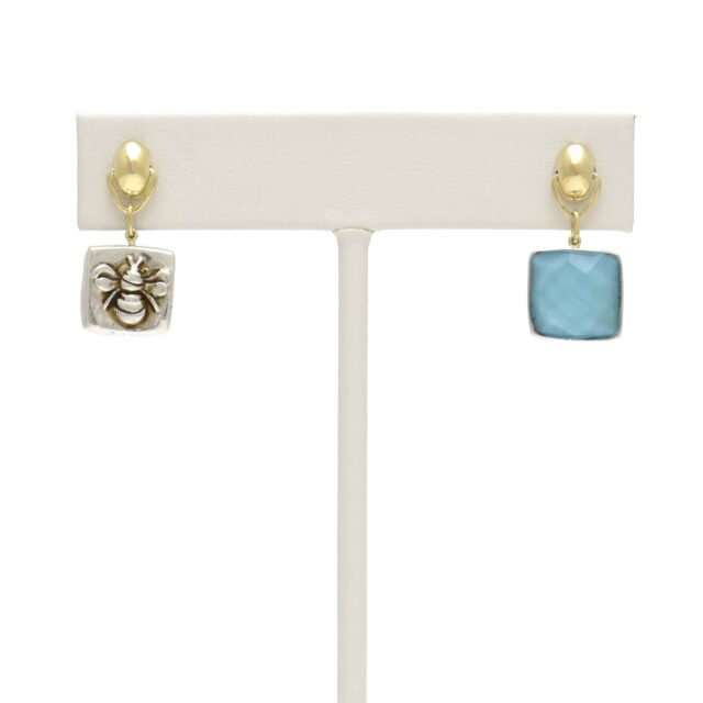 Silver Bee Square Reversible Blue Stone Drop on Pod Top