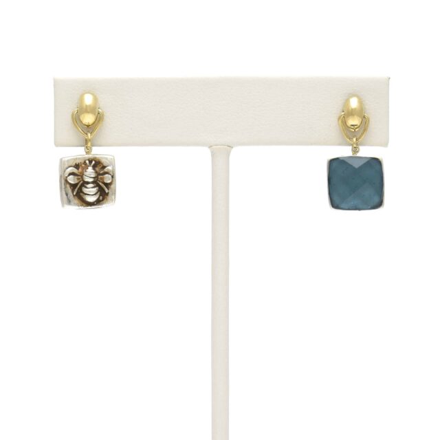 Silver Bee Square Reversible Blue Stone Drop on Pod Top